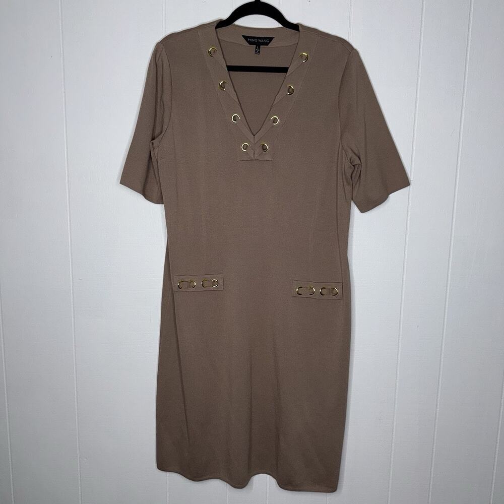 Ming Wang Women’s Grommet Detail Sweater Knit Sheath Dress Taupe Size Large